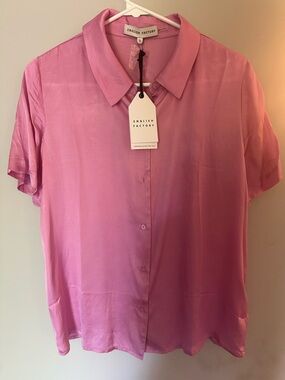 English Factory Pink Short-Sleeve Button Front Silky Blouse- Small